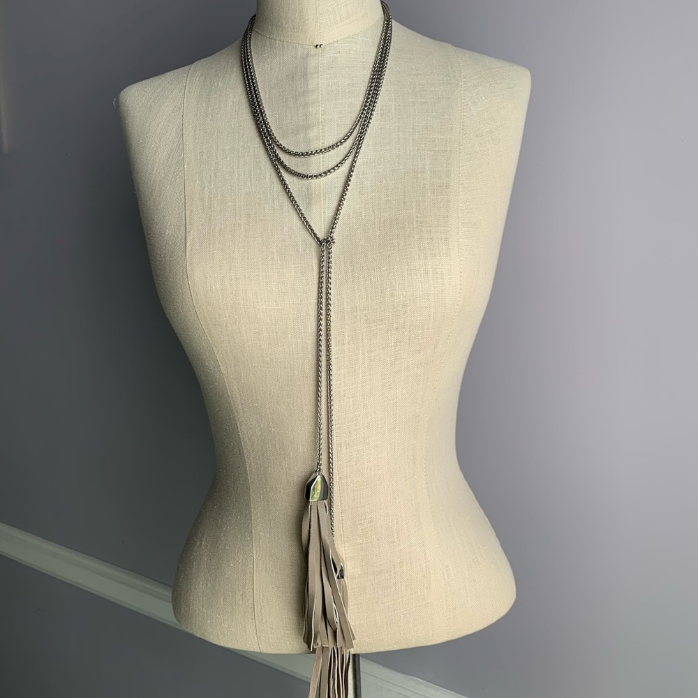 White House Black Market boho taupe leather tassel necklace silvertone chains
